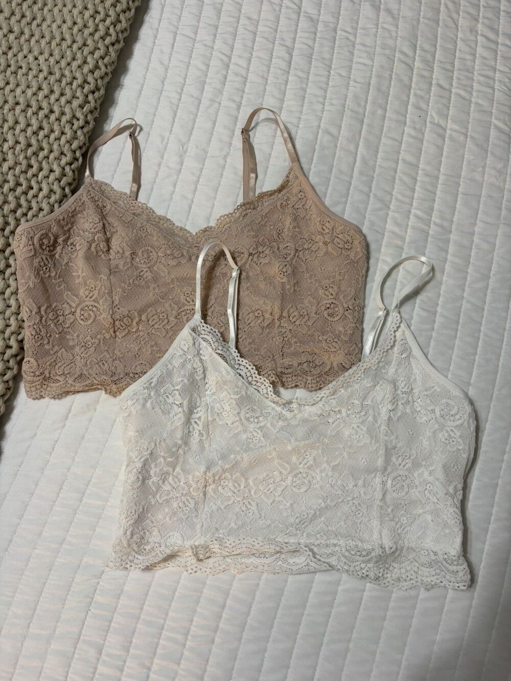 Avidlove Bralette Crop Top Womens Large White/Beige Wireless Lace Floral 2 Pack